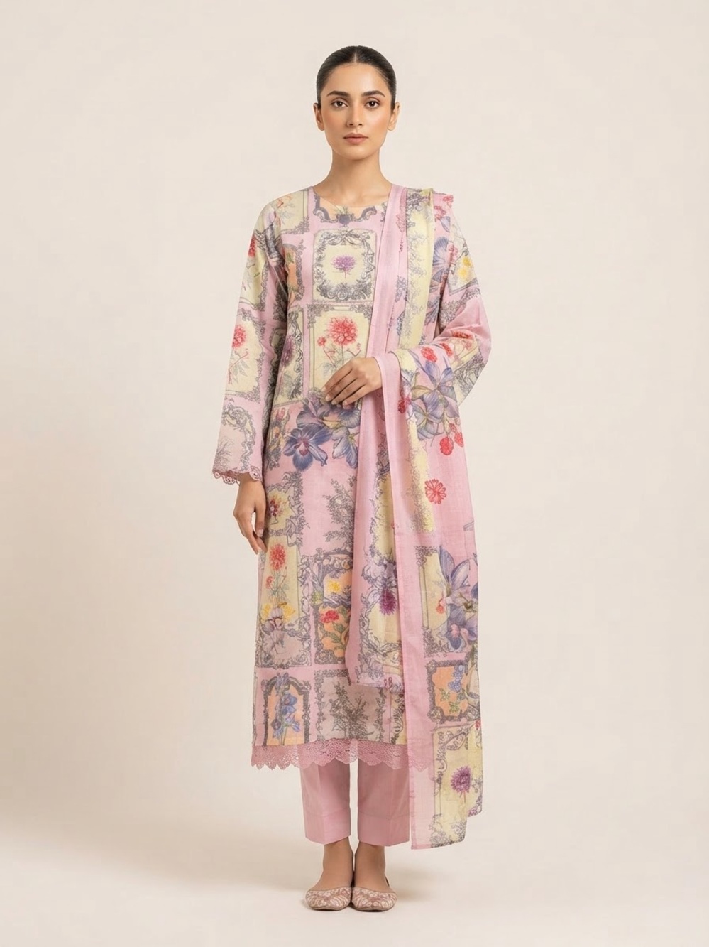 Floral Panel Pink Printed Kurta and Dupatta Set